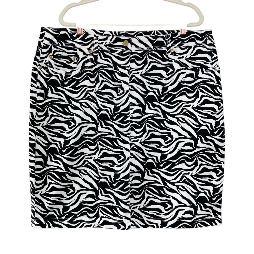 Jones New York Sport Zebra Print Stretch Cotton Midi Denim Skirt (Size 16)